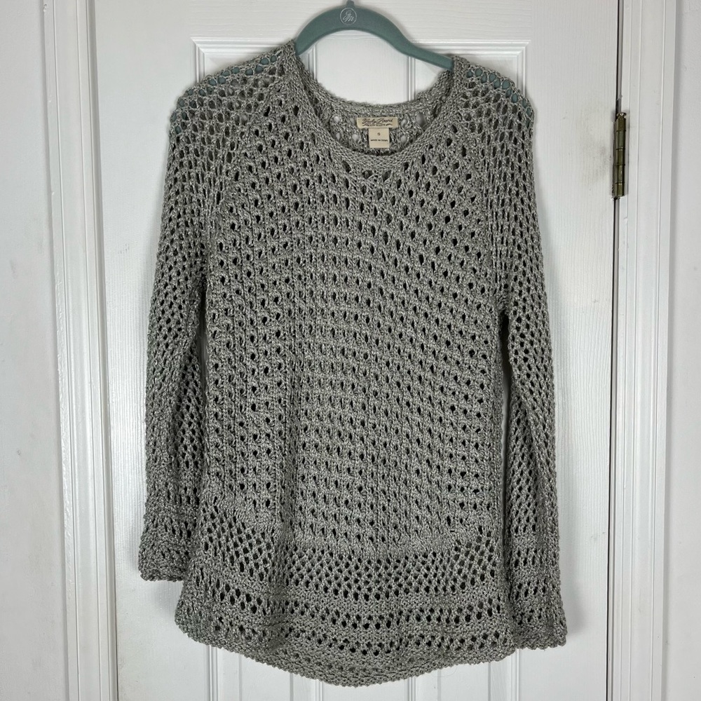 Lucky Brand Marissa Gray Metallic Crochet Openwork Knit Sweater
